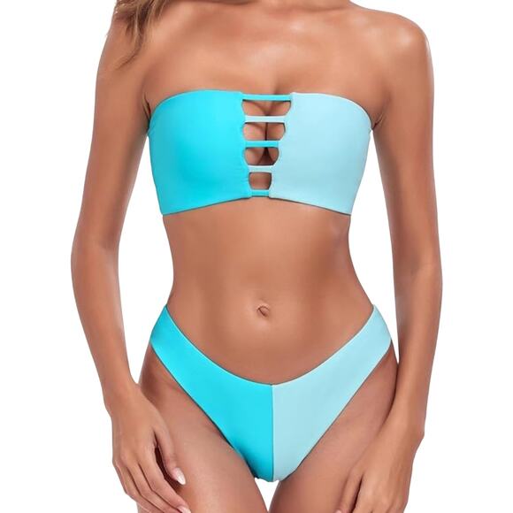 RELLECIGA bandeau bikini L blue color block lace up back - Picture 1 of 10